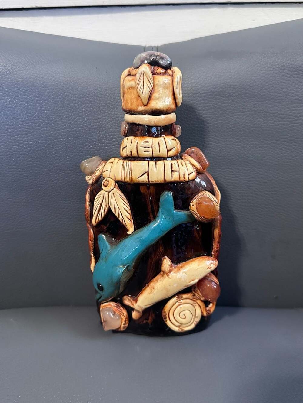 Handmade Mexican Aztec/Mayan Style Folk Art Decanter Bottle Dolphin Gem Accents